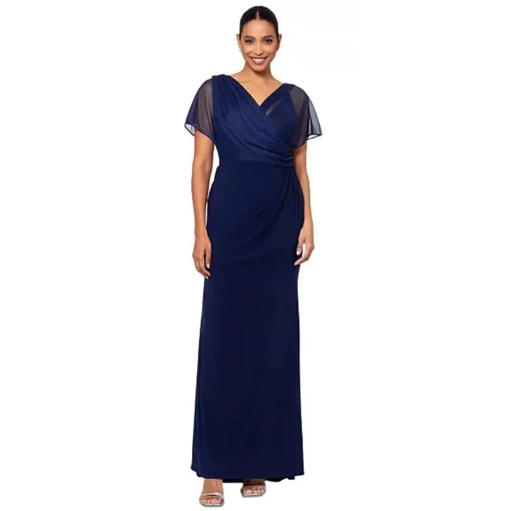 Betsy & Adam Draped-Mesh V-Neck Sheath Dress in Navy NWT Size 12